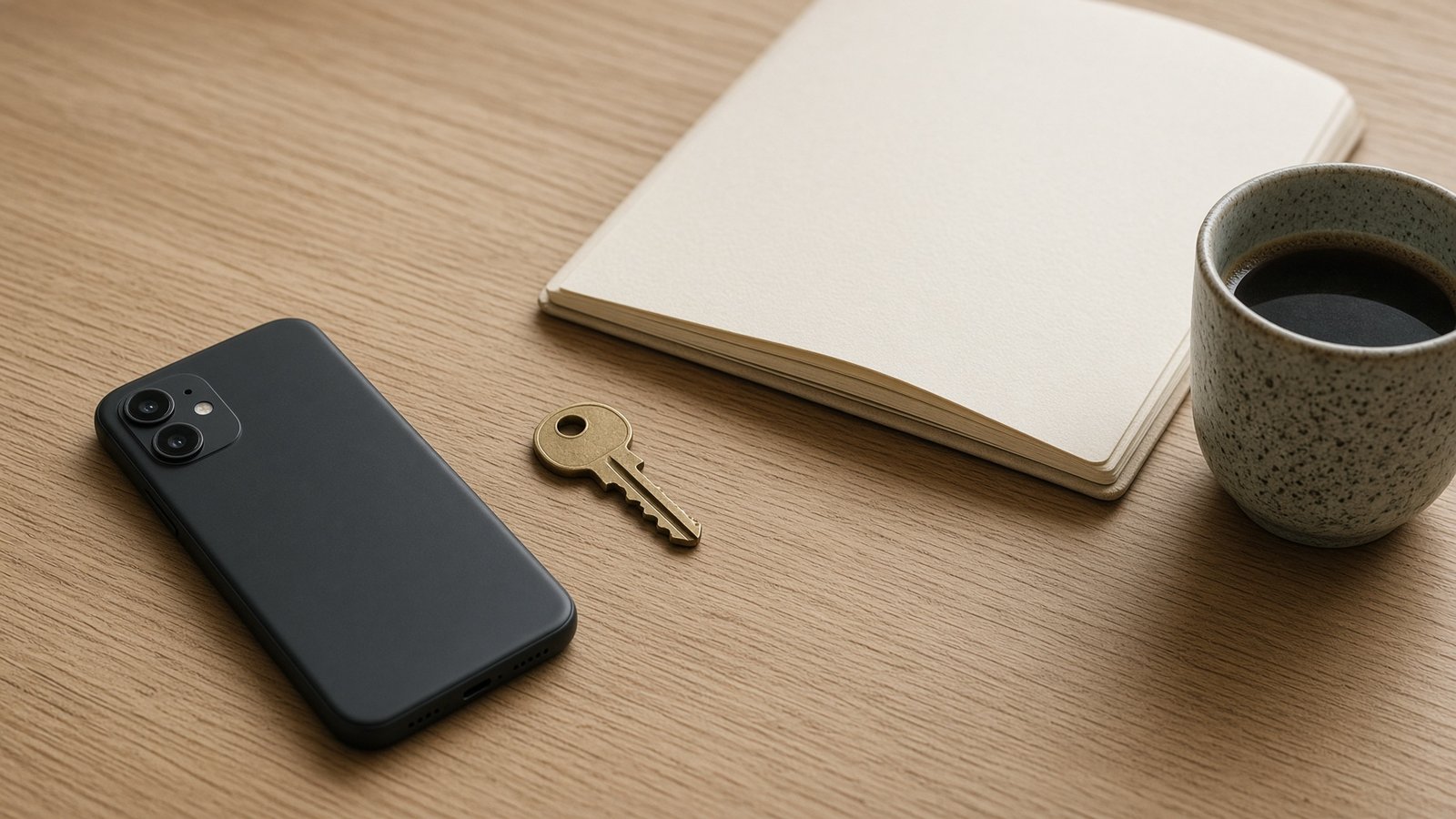 A phone on a desk next to a notebook and a house key
